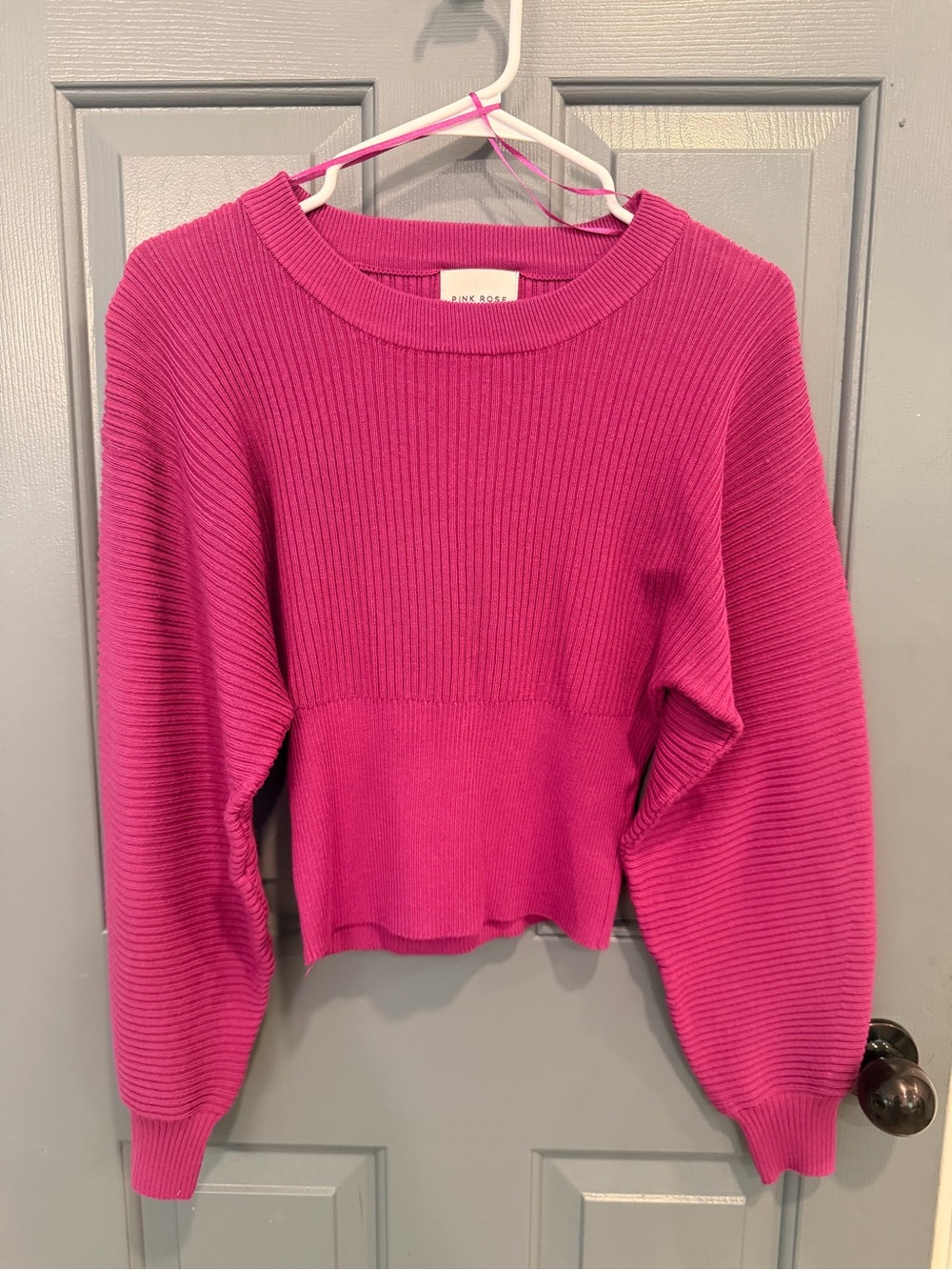 Pink Rose Fuchsia Ribbed Crewneck Sweater